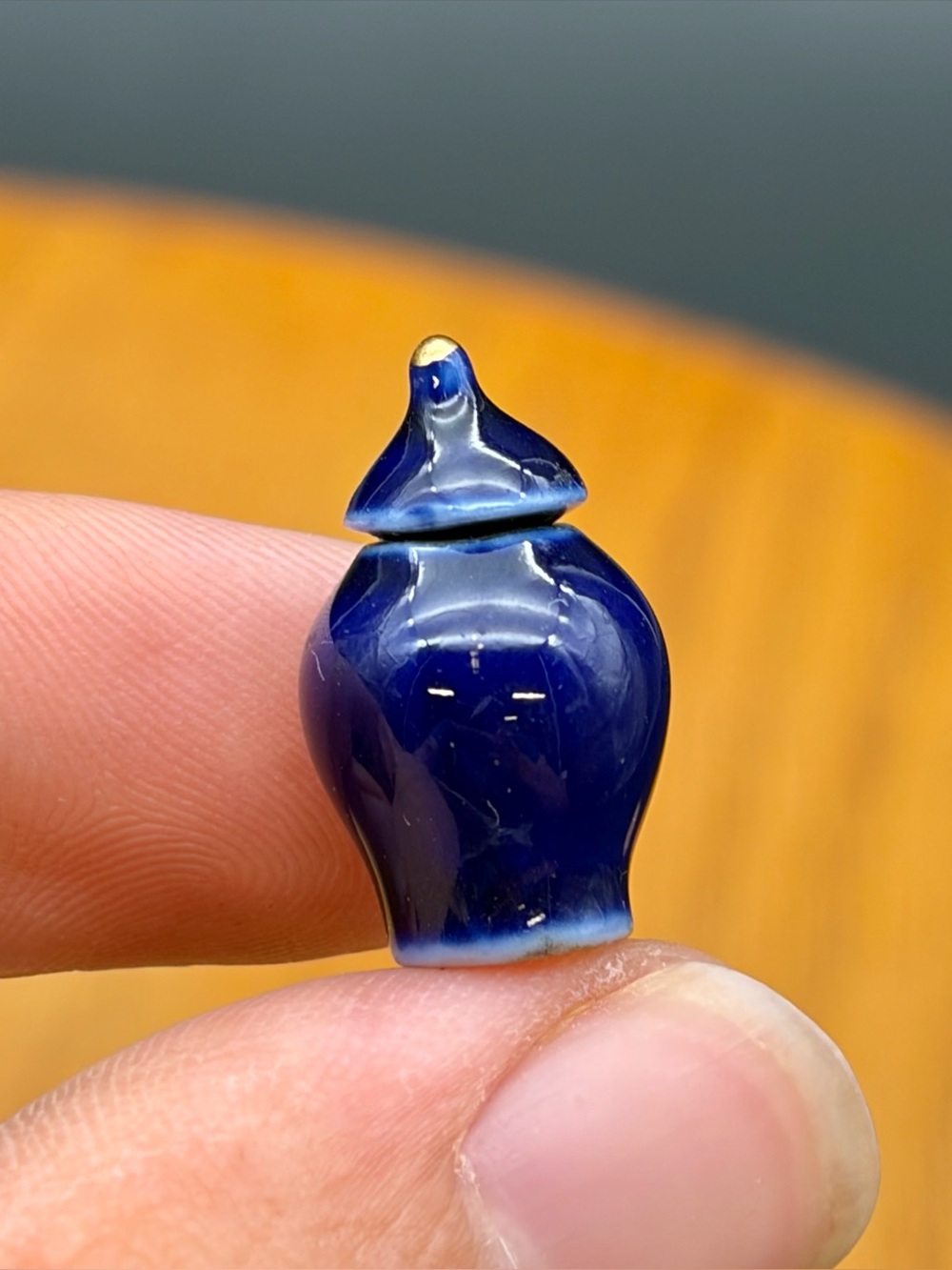Vintage Ginger Jar Dollhouse Miniature Trinket 0.75” Tall Blue Glazed Porcelain